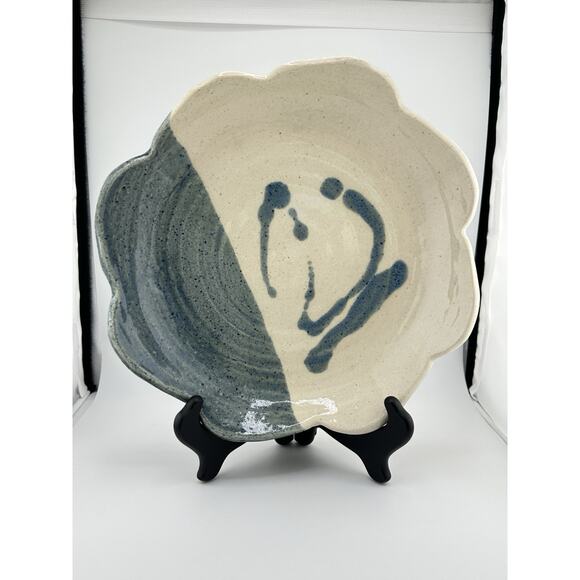 Hand Made Ceramic Dish w/ Scalloped Edge Signed PM Blue Cream Abstract Design - Picture 2 of 7